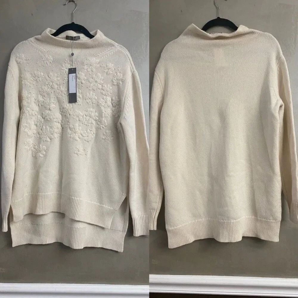LELA ROSE Floral Knit Embroidered Funnel Neck Sweater Small NWT